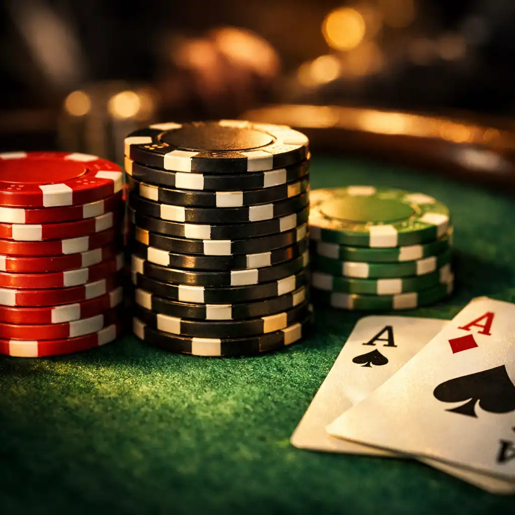 Zbliżenie na żetony pokerowe i karty