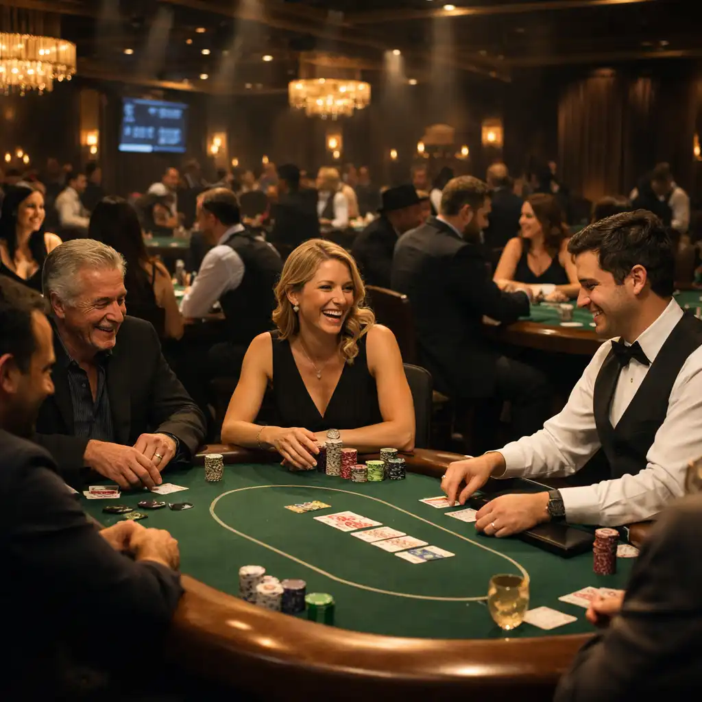 Widok sali z wieloma stołami pokerowymi i uczestnikami