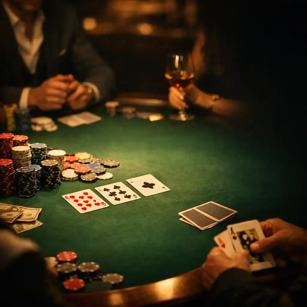 Elegancki stół pokerowy z żetonami i kartami w klimatycznym oświetleniu